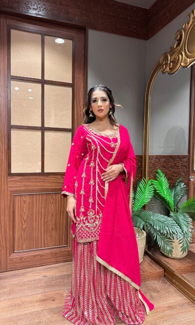 Fluorescent Hot Pink Garara Suit with Zarkan and Nalki Work
