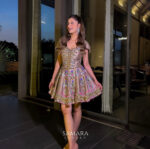 Gold Beige Short Skirt Indo Western Outfit with Hand Sequin, Shells and Mirrors on Raw Silk.