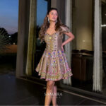 Gold Beige Short Skirt Indo Western Outfit with Hand Sequin, Shells and Mirrors on Raw Silk.