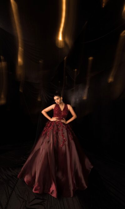 Maroon Monochromatic Hand Embroided gown