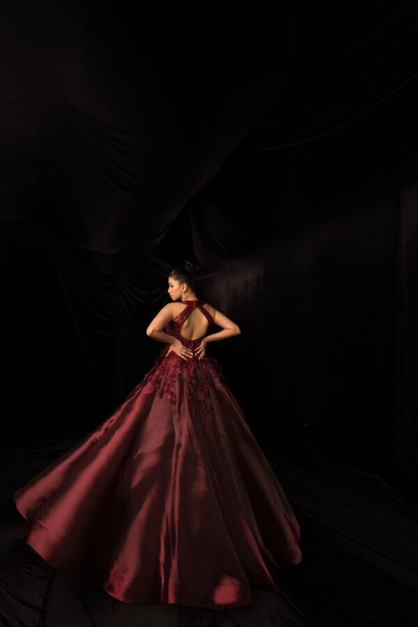 Maroon Monochromatic Hand Embroided gown