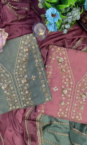 Tissue Organza Based Party Wear Unstiched Suit With Golden Embroidery