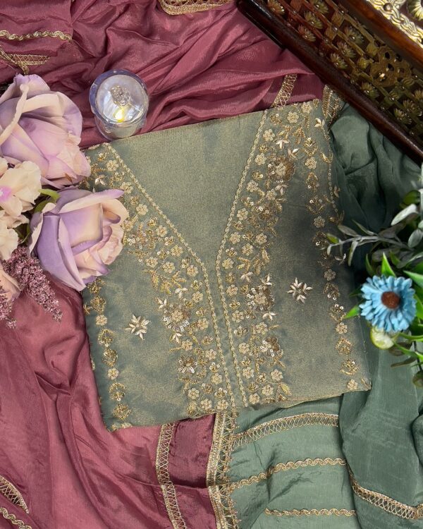 Tissue Organza Based Party Wear Unstiched Suit With Golden Embroidery