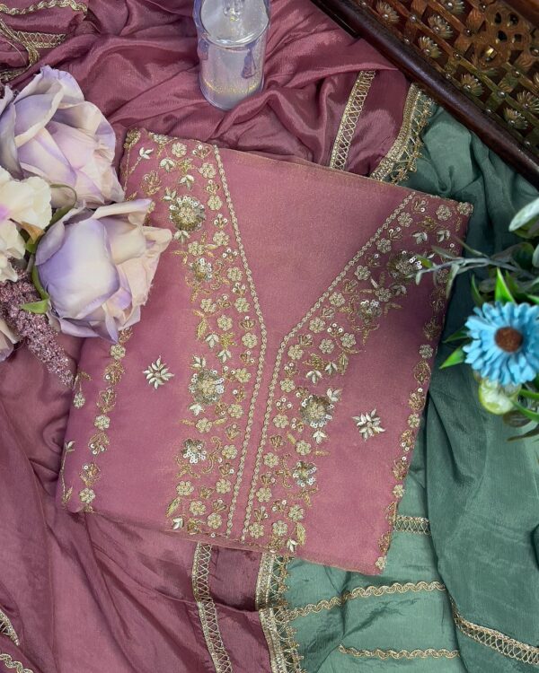 Tissue Organza Based Party Wear Unstiched Suit With Golden Embroidery