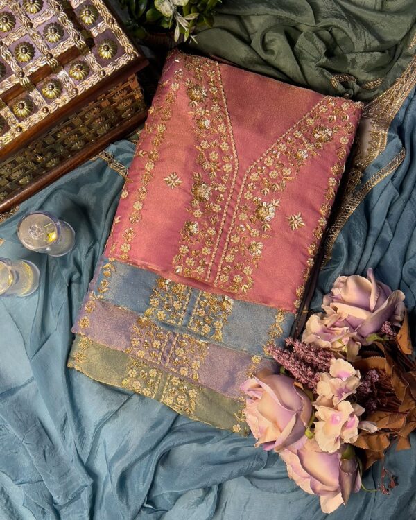 Tissue Organza Based Party Wear Unstiched Suit With Golden Embroidery