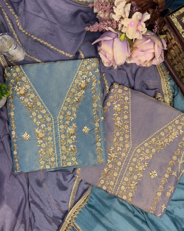 Tissue Organza Based Party Wear Unstiched Suit With Golden Embroidery