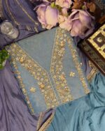 Tissue Organza Based Party Wear Unstiched Suit With Golden Embroidery