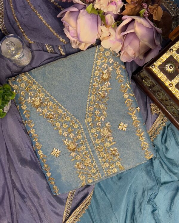 Tissue Organza Based Party Wear Unstiched Suit With Golden Embroidery