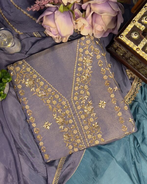 Tissue Organza Based Party Wear Unstiched Suit With Golden Embroidery