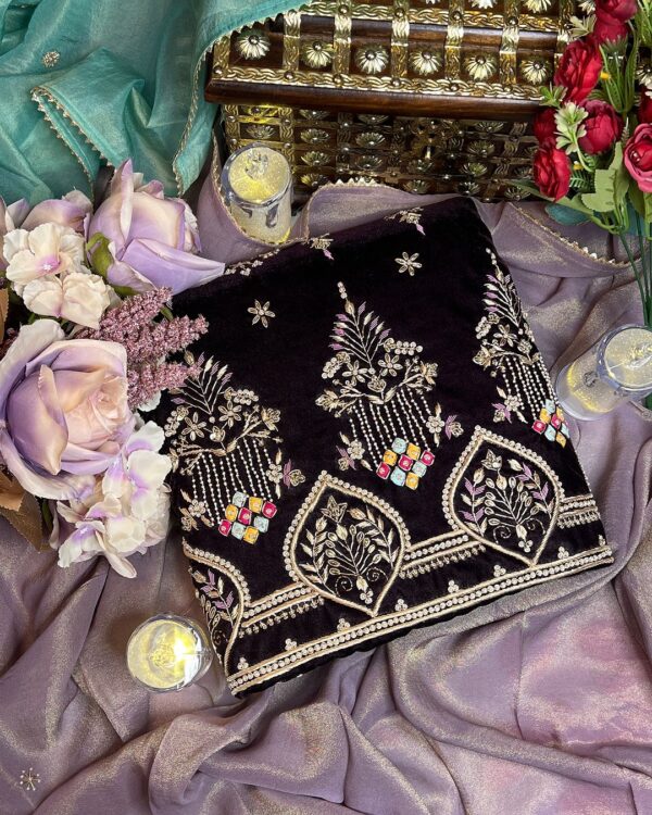 Dark Hued Micro Velvet Unstitched Party Wear Suit