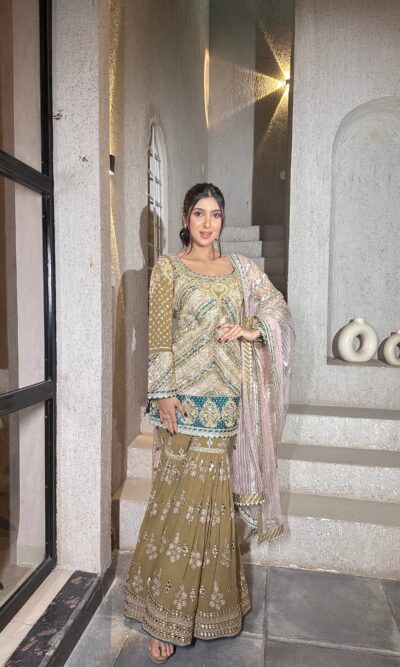 Light beige hued embroided  garara suit with dupatta