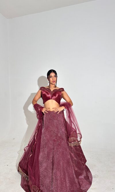 Metal maroon hued flairy lehenga choli