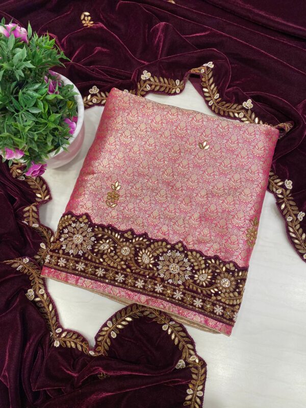 Traditional Brocade Suit with Hand-Stitched Border & Micro Velvet Dupatta