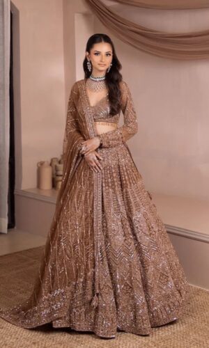 Copper Gold Hued Flairy Lehenga Stunningly Paired with Crop Top and Dupatta