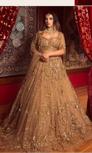 Handcrafted Golden Monochromatic Lehenga with Blouse and Dupatta