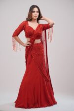 Hand stitched Coral Red Lehenga Cum Saree With Graceful Drape