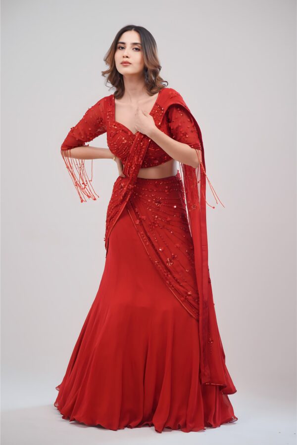 Hand stitched Coral Red Lehenga Cum Saree With Graceful Drape