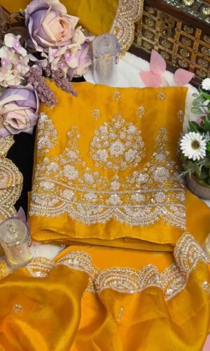 Mango Hued Unstitched Party Wear Suit with Scalloped Dupatta