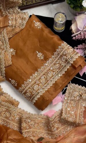 Rusty Tan Handcrafted Unstitched Party Wear Suit