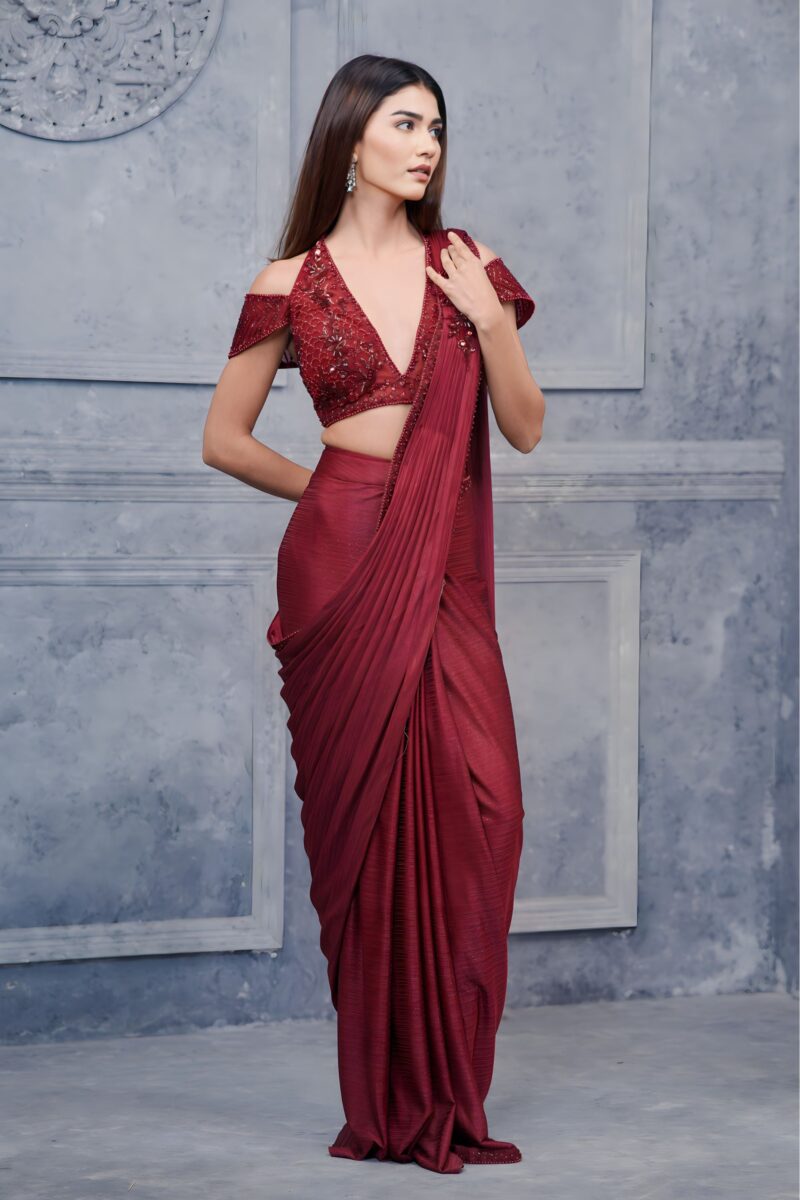Bold Maroon Saree With Off Shoulder Glam