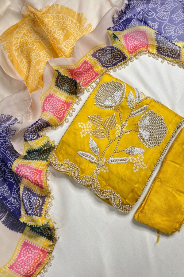 Graceful Glam Bandhani Bliss Unstitched Suit with Hand Stitched Elegance