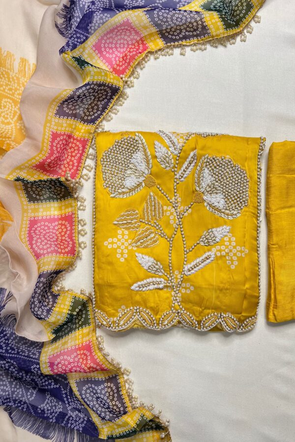 Graceful Glam Bandhani Bliss Unstitched Suit with Hand Stitched Elegance