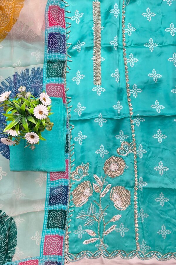 Graceful Glam Bandhani Bliss Unstitched Suit with Hand Stitched Elegance