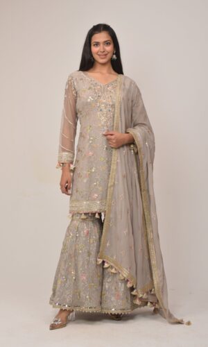 Soft Grey Embroidered Sharara Suit with Dupatta