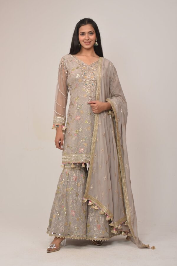 Soft Grey Embroidered Sharara Suit with Dupatta