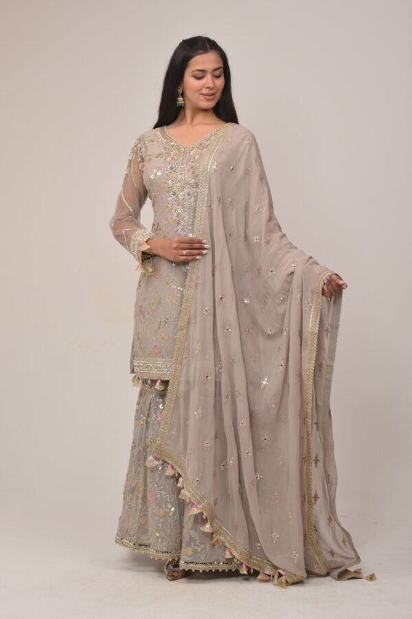 Soft Grey Embroidered Sharara Suit with Dupatta