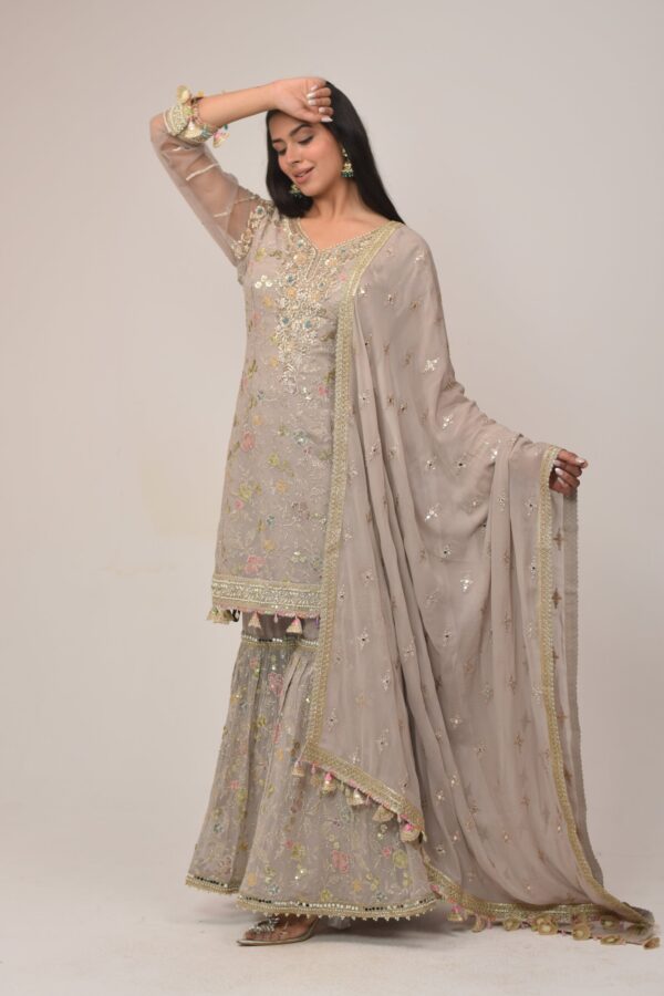 Soft Grey Embroidered Sharara Suit with Dupatta