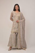 Soft Grey Embroidered Sharara Suit with Dupatta