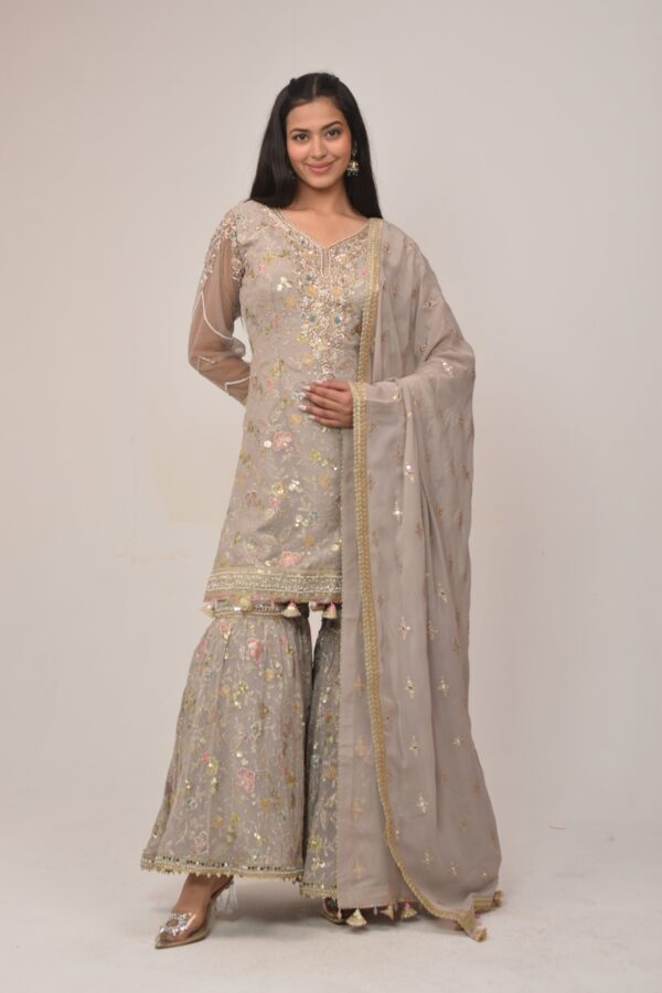 Soft Grey Embroidered Sharara Suit with Dupatta