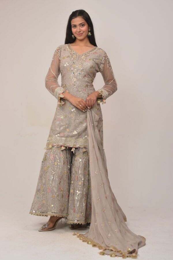 Soft Grey Embroidered Sharara Suit with Dupatta