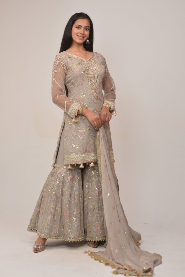 Soft Grey Embroidered Sharara Suit with Dupatta