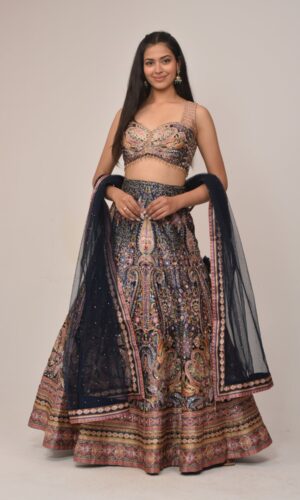 Midnight Blue Heavy Embroidered Bridal Lehenga Set