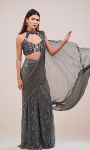 Indo Western Sequin Drape Saree with Halter Neck Blouse