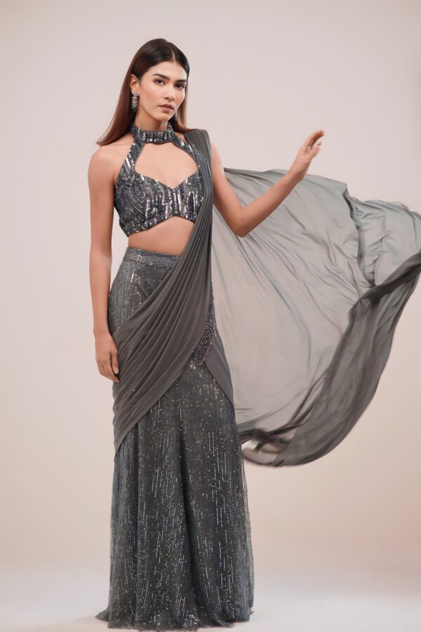 Indo Western Sequin Drape Saree with Halter Neck Blouse