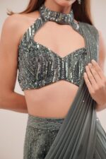 Indo Western Sequin Drape Saree with Halter Neck Blouse