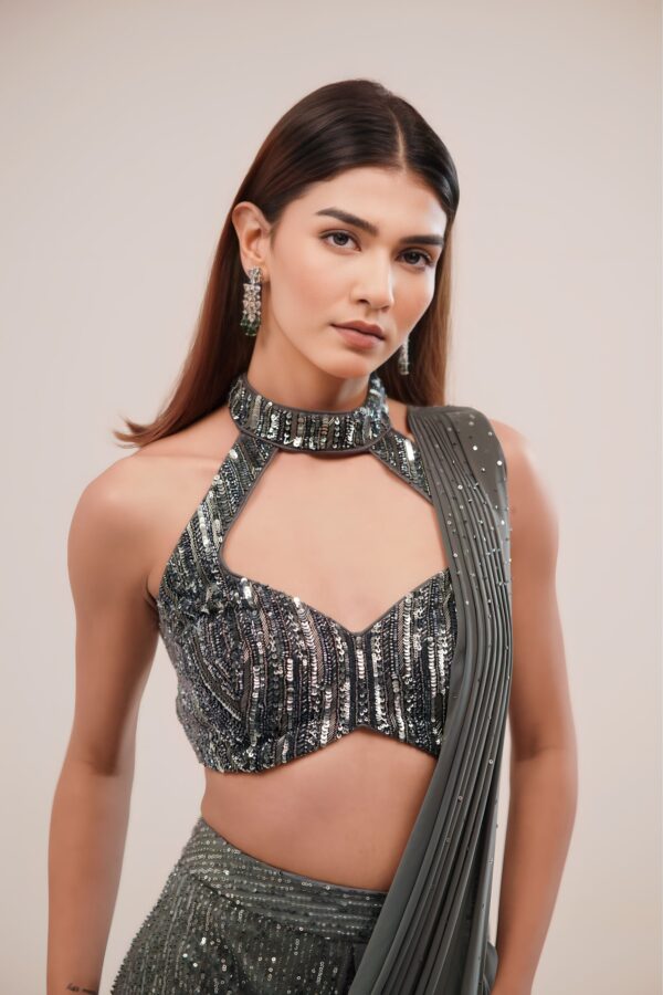 Indo Western Sequin Drape Saree with Halter Neck Blouse