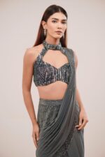 Indo Western Sequin Drape Saree with Halter Neck Blouse
