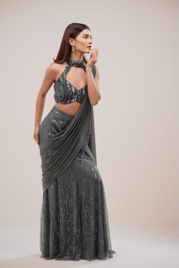 Indo Western Sequin Drape Saree with Halter Neck Blouse