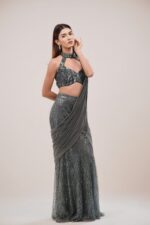 Indo Western Sequin Drape Saree with Halter Neck Blouse