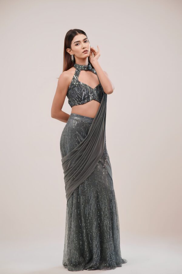 Indo Western Sequin Drape Saree with Halter Neck Blouse