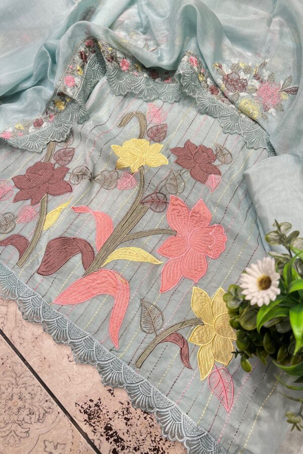 Relaxing Cotton Unstitched Suit Set With Appliqué Highlights