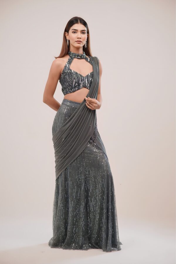 Indo Western Sequin Drape Saree with Halter Neck Blouse