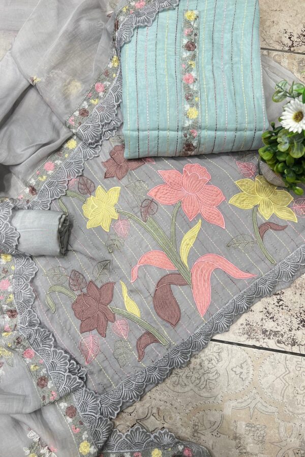 Relaxing Cotton Unstitched Suit Set With Appliqué Highlights