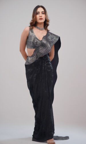 Black Indo Western Saree With Leather Crafting & Sequin Fabric