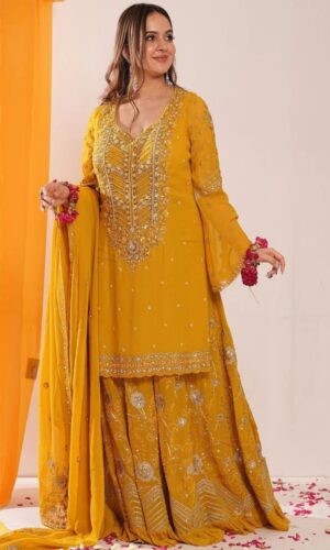Bright mustard shaded Pakistani garara suit with dupatta