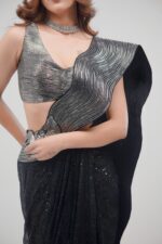Black Indo Western Saree With Leather Crafting & Sequin Fabric